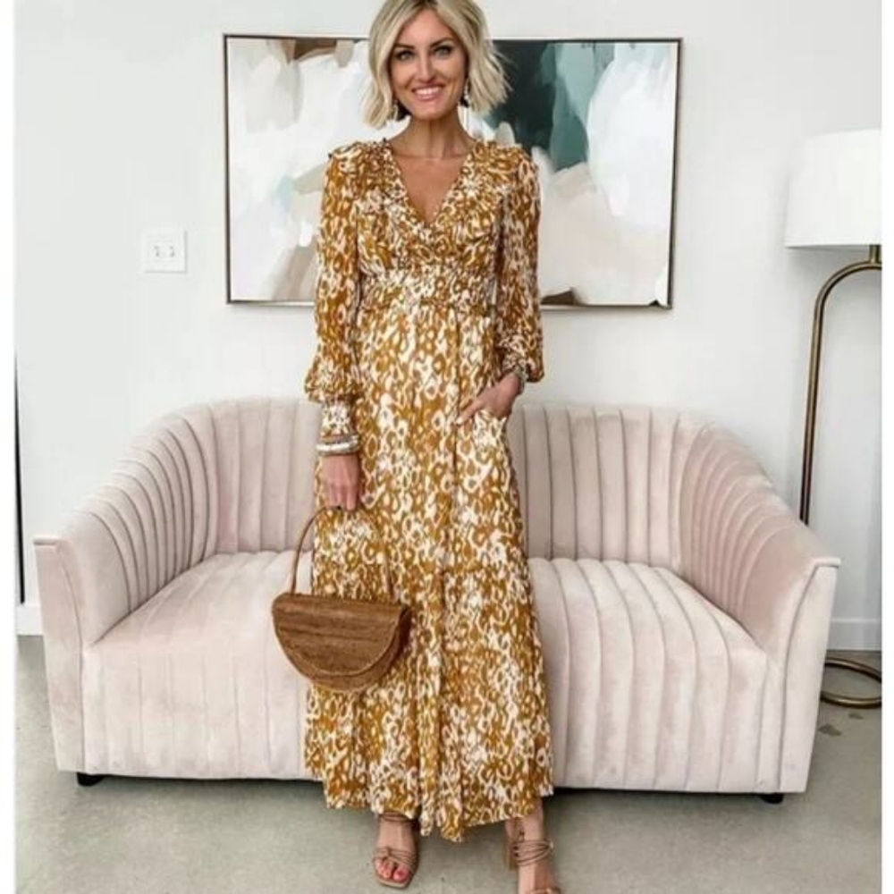 Anthropologie Mustard and White Floral Long-Sleeve Maxi Dress